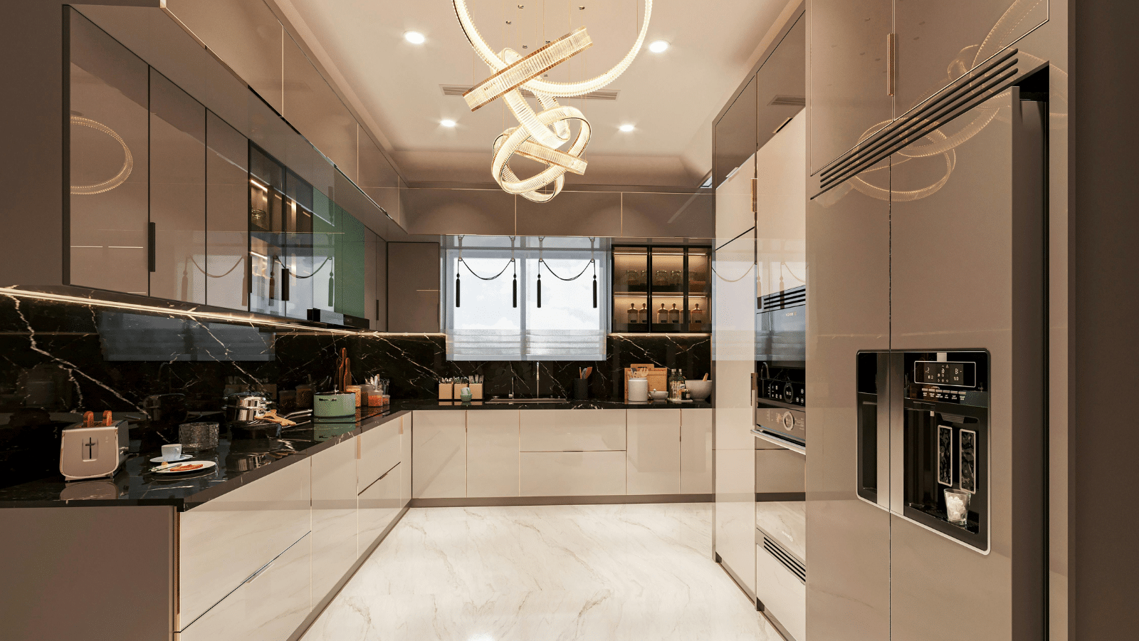 Modern kitchen featuring glossy beige handleless cabinets, dramatic black marble countertops and backsplash, sculptural gold pendant light fixture, integrated stainless steel appliances, and clean counters with minimal styling showcasing modern design principles