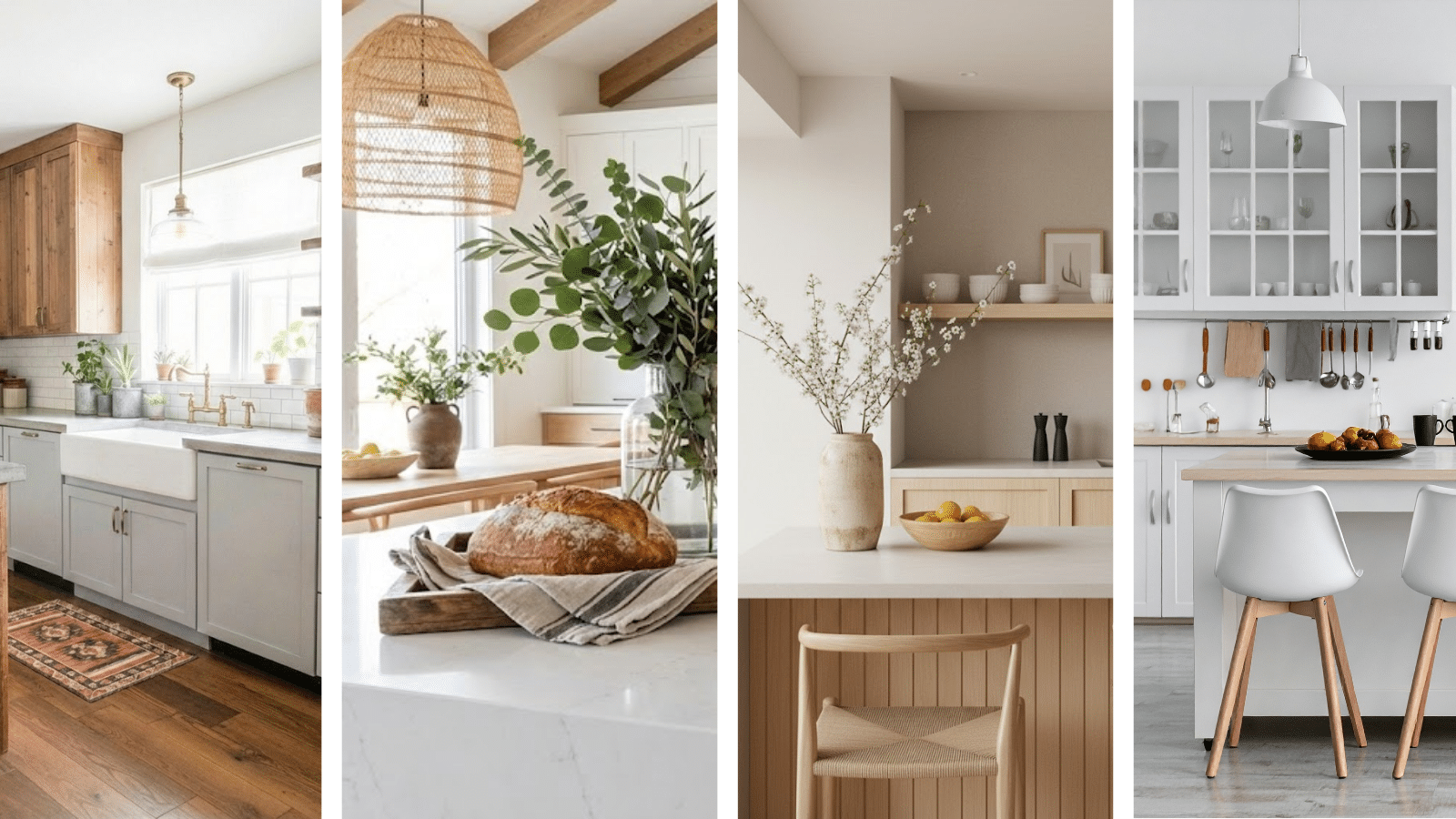 kitchen-countertop-decor (1) Kitchen countertop decor style comparison showing four aesthetics: farmhouse kitchen with herbs, brass fixtures, and farmhouse sink; modern organic with eucalyptus, artisan bread on wooden board, and woven pendant light; Japandi minimalist with ceramic vase, cherry blossom branches, and wooden fruit bowl; and modern kitchen with clean white counters, glass-front cabinets, and minimal styling