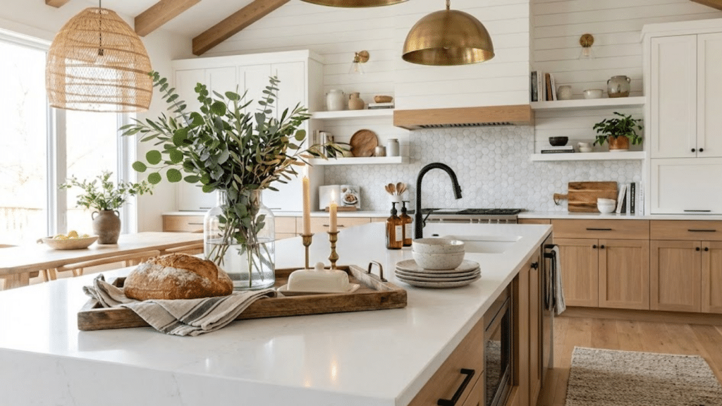 Modern organic kitchen counter decor featuring white quartz countertops, light wood lower cabinets, eucalyptus in glass vase, artisan bread on wooden board, white open shelving, and matte black faucet