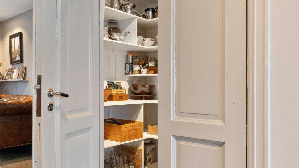 Small pantry with open shelves storing food items, jars, and wooden bins, showing practical pantry organization ideas for everyday kitchens.