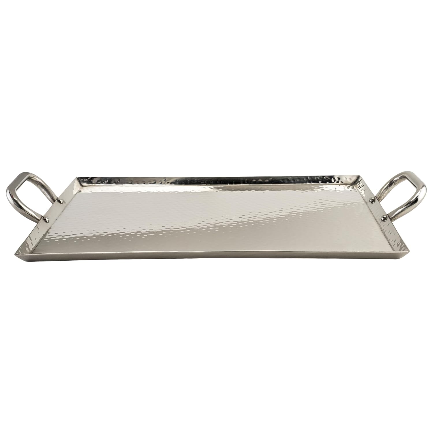 G.E.T. polished stainless steel heavy duty serving tray with handles for modern kitchen counter display