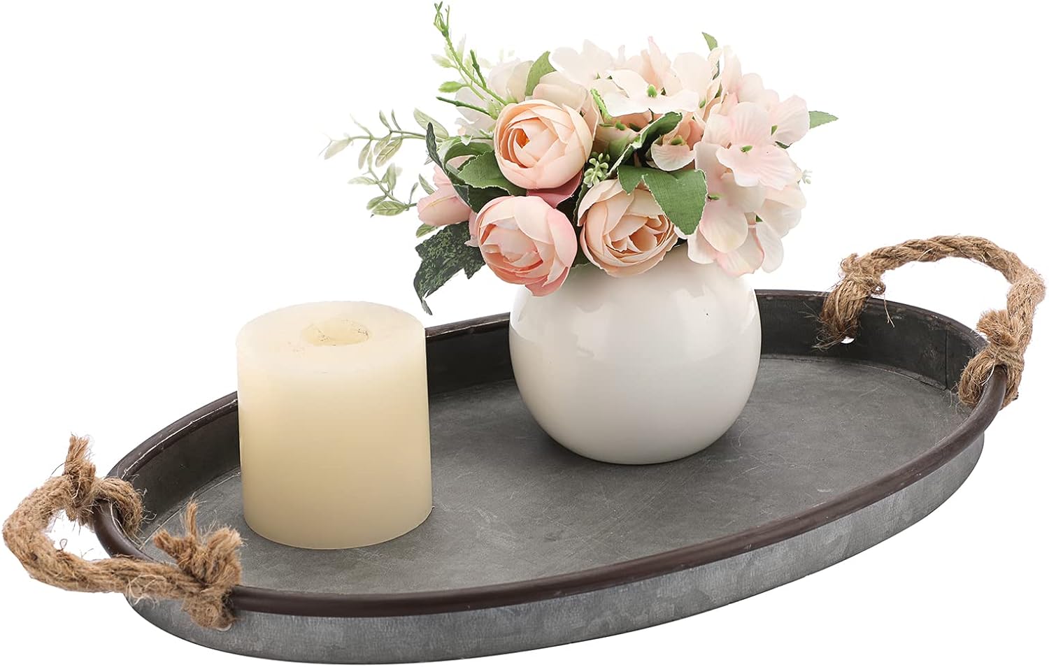 Galvanized metal oval tray with rope handles in farmhouse industrial style for kitchen counter
