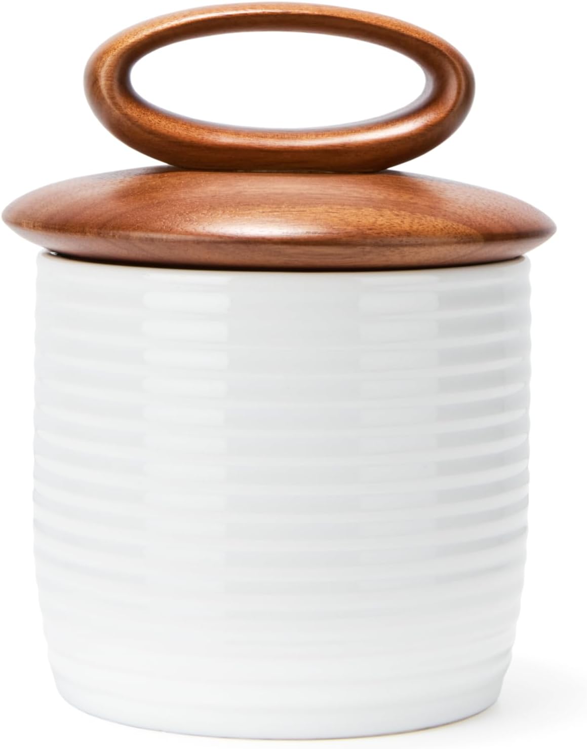 Nambé ceramic canister with organic sculptural form and acacia wood lid