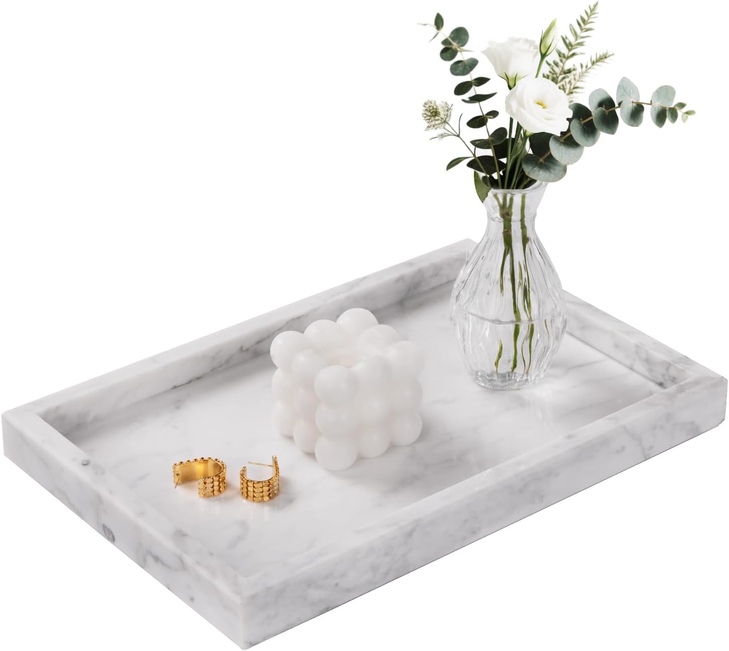 Natural marble decorative tray for kitchen or bathroom countertop in modern organic style
