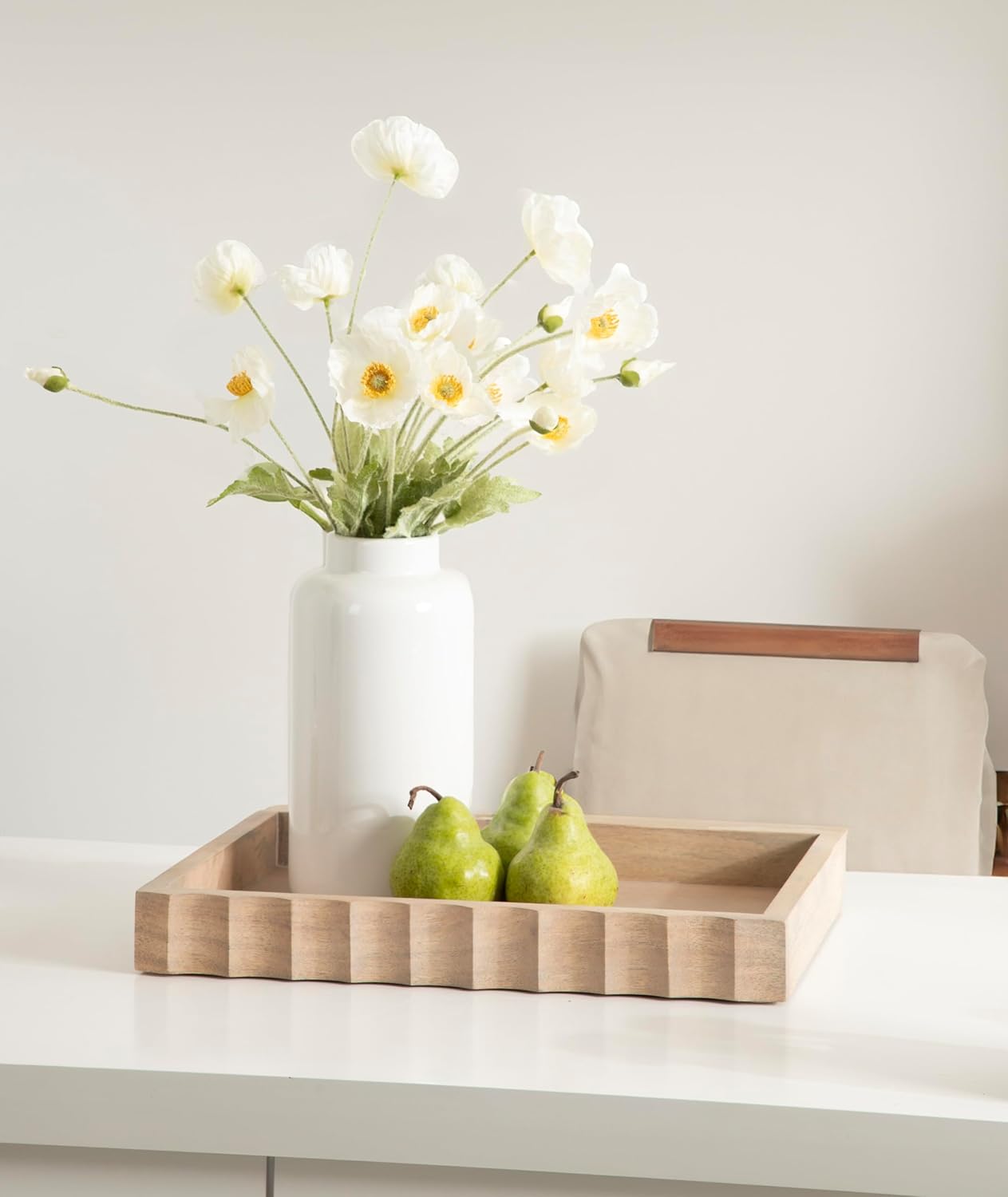 Kate and Laurel Lissi rectangular tray with subtle wavy design in light natural wood for Japandi kitchen