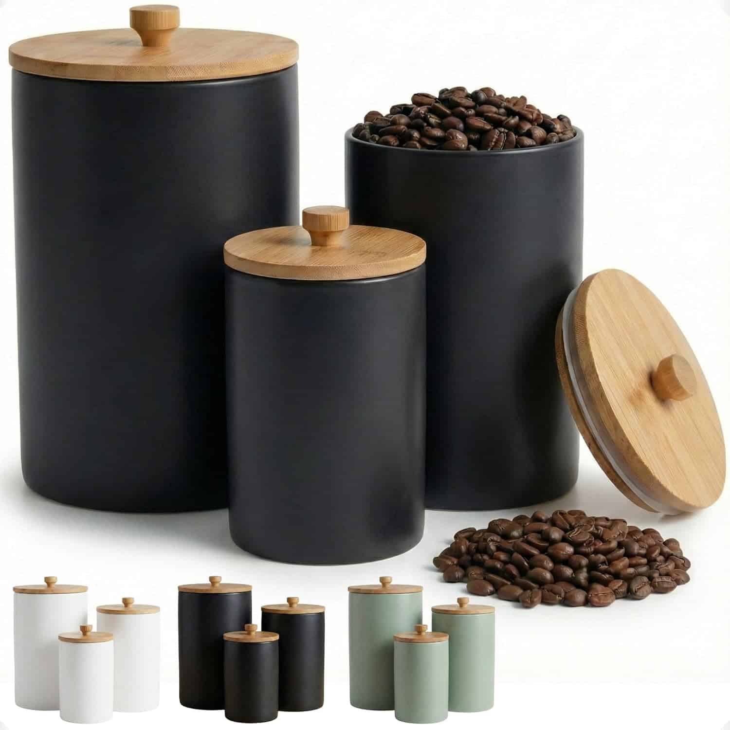 Black matte ceramic kitchen canisters with bamboo lids on modern organic kitchen counter