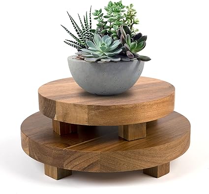 Natural acacia wood pedestal riser set of two with organic edge detail for modern organic kitchen