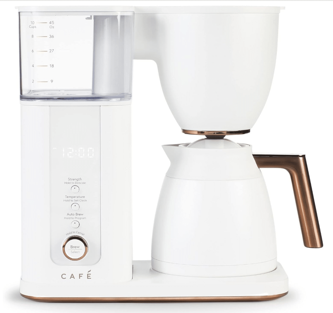 Cafe Specialty drip coffee maker in matte white with brushed copper accents and thermal carafe
