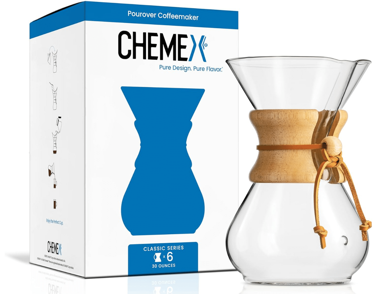 Chemex 6-cup classic pour-over glass coffeemaker with wood collar and leather tie
