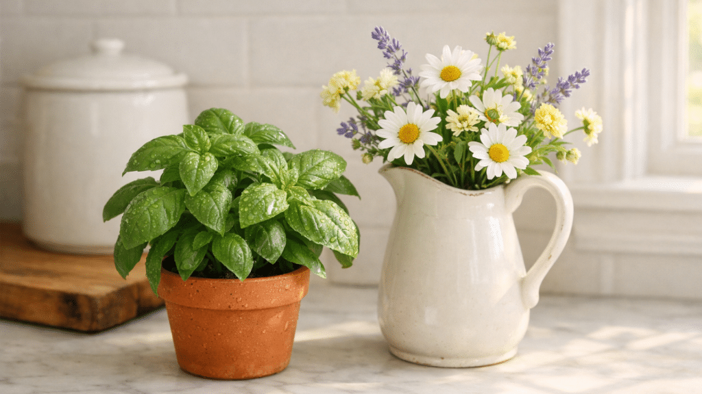 Fresh herbs in ceramic pots and flowers in white pitcher on farmhouse kitchen counter