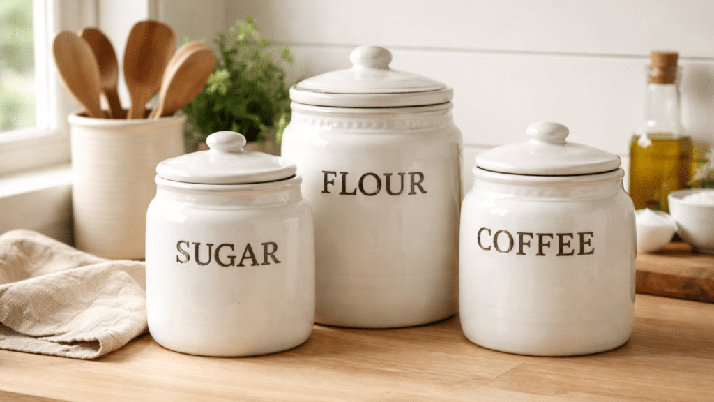 White ceramic farmhouse canisters on butcher block counter with wooden tray