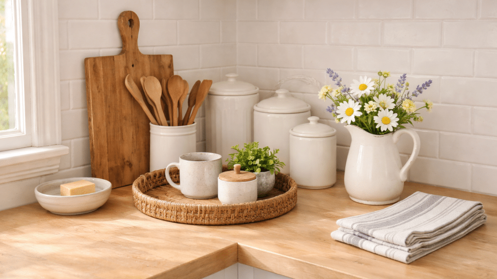 Farmhouse kitchen counter vignette with coffee maker, canisters, wooden tray, and fresh greenery