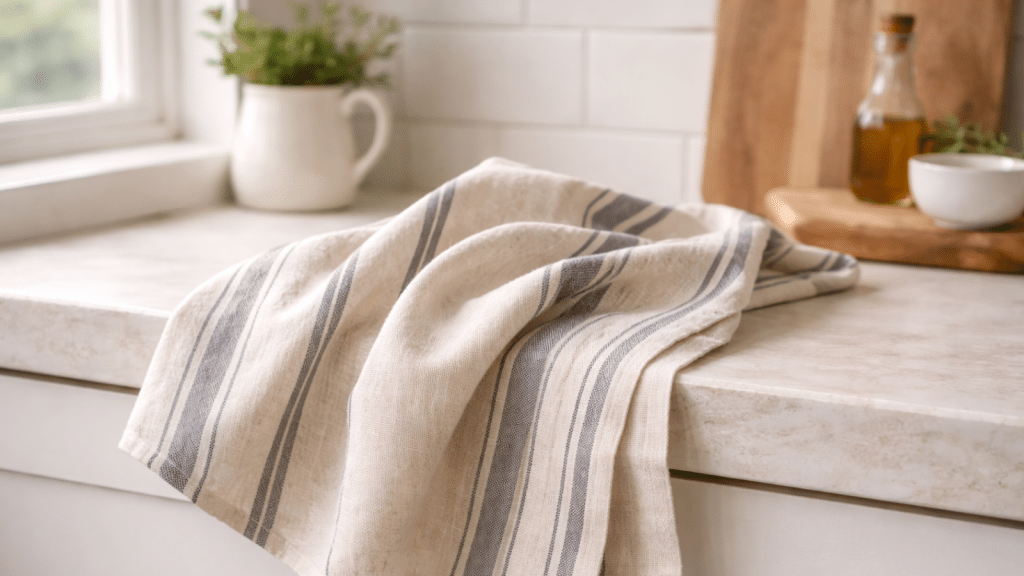 Striped linen kitchen towels draped on farmhouse counter with ceramic items