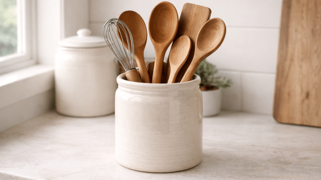 Ceramic utensil crock with wooden spoons and spatulas on farmhouse counter