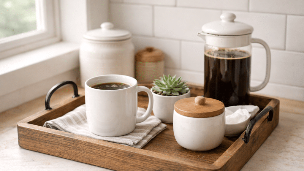 Rustic wooden tray with coffee station items on farmhouse kitchen counter