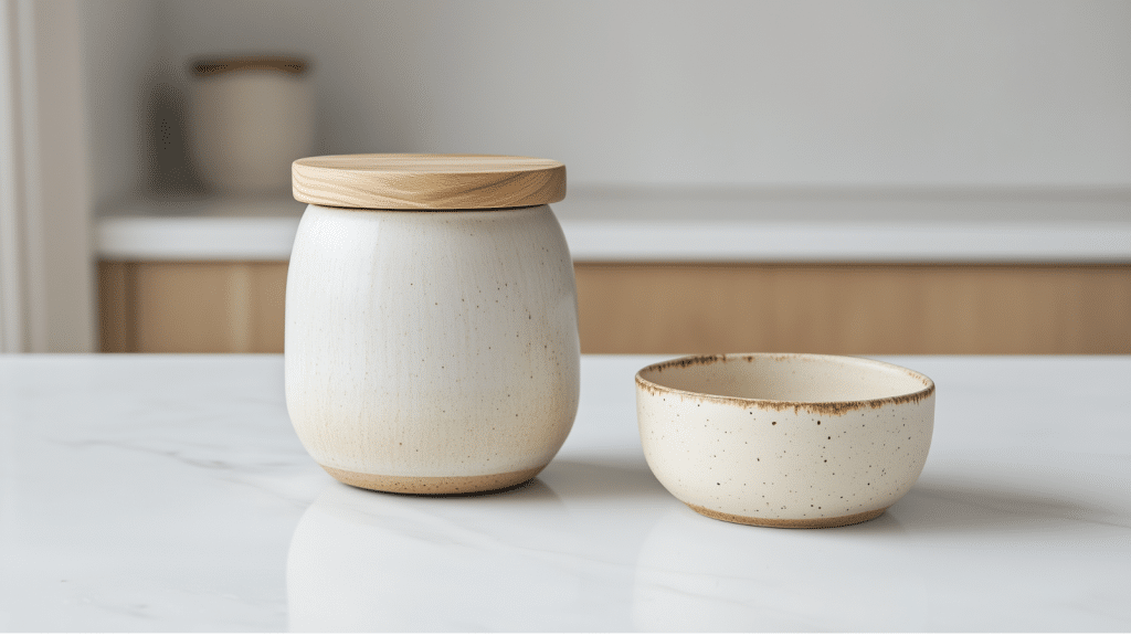 Handmade wabi-sabi ceramic vessels in matte cream and warm stone tones styled on Japandi kitchen countertop