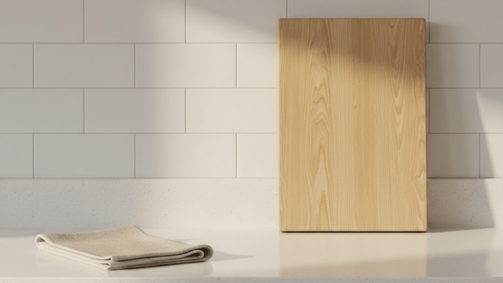 Light oak cutting board propped against backsplash with folded linen towel on Japandi kitchen counter