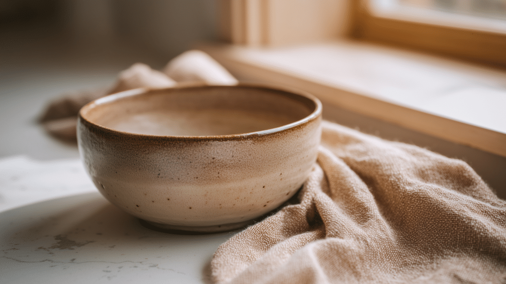 Close-up of handmade wabi-sabi ceramic bowl showing uneven glaze and potter's wheel marks on Japandi kitchen counter