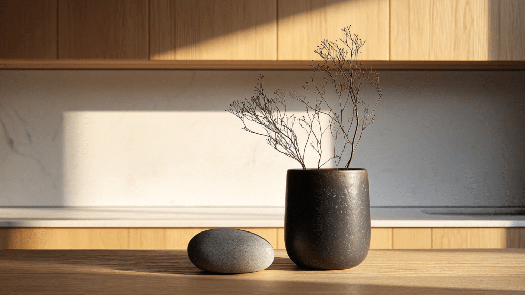 Winter Japandi kitchen countertop decor with dark charcoal ceramic vessel, dried branch, and smooth river stone in late afternoon light