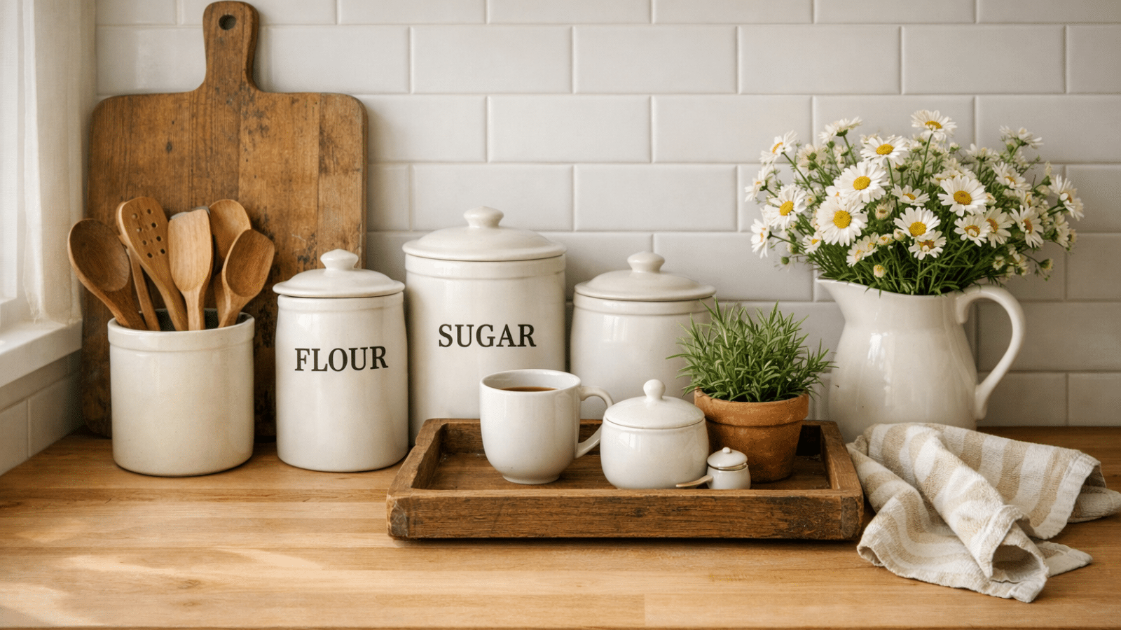 Farmhouse kitchen countertop decor featuring white ceramic canisters, wooden cutting board, rustic tray with coffee station, fresh flowers in pitcher, and striped linen towel on butcher block counter with white subway tile backsplash