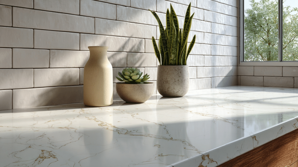 Modern organic counter corner with ceramic vase, succulent, and snake plant showing layered textures on marble