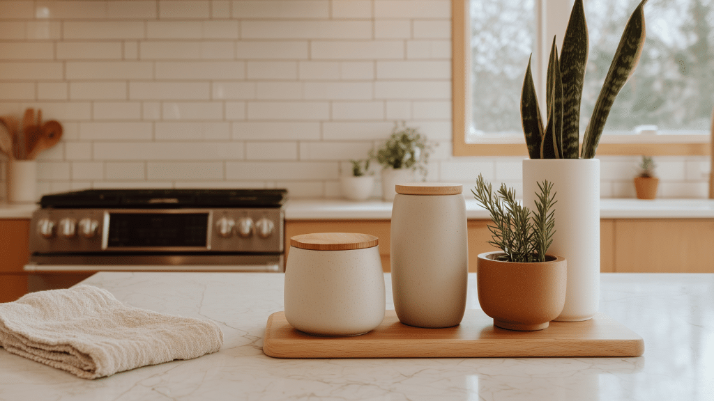 Styled modern organic counter vignette with ceramic canisters on oak tray, snake plant, and rosemary on white marble