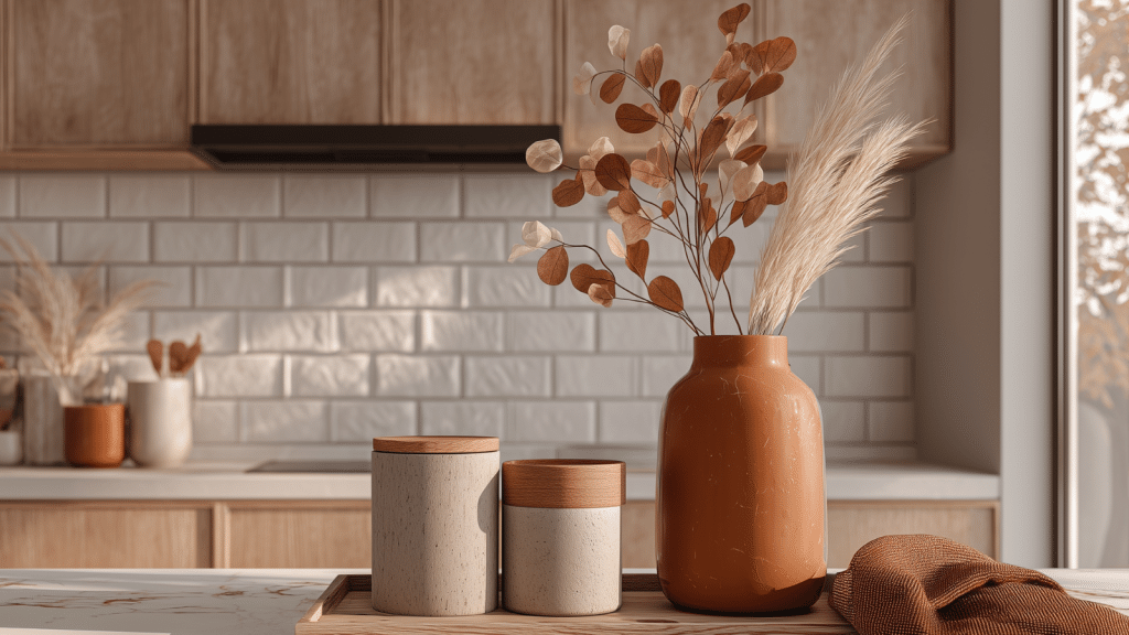 Modern organic kitchen counter styled for fall with terracotta vase, dried lunaria stems, and warm-toned ceramics