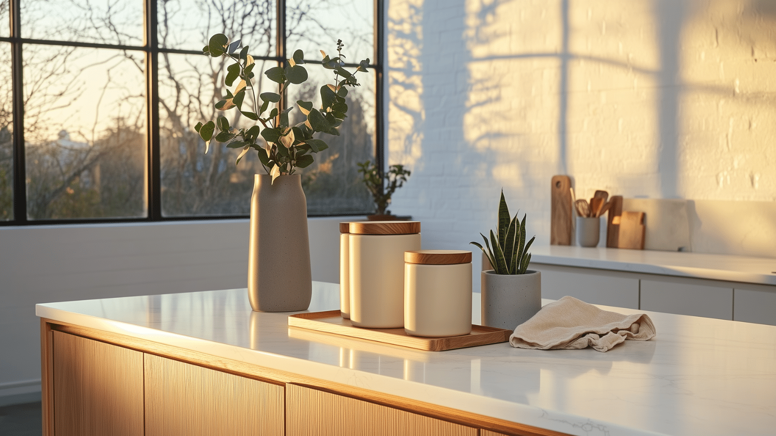 modern-organic-kitchen-counter-hero-warm-golden-light Modern organic kitchen counter at golden hour with ceramic canisters, eucalyptus vase, and snake plant on white marble island